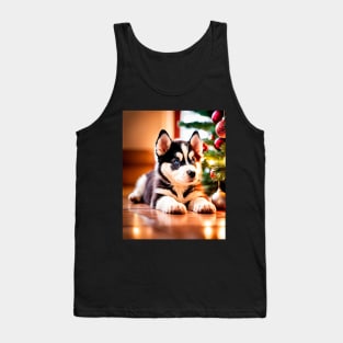 Husky Puppy Dog by Christmas Tree Tank Top